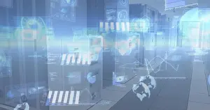 Dials Prints: Displaying server bank projecting holographic charts in data center corridor