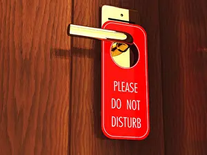 Motel Prints: Do not disturb sign hanging on a hotel door handle, 3d illustration