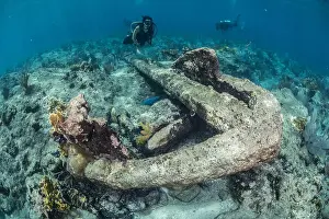 Debris Prints: Divers exploring reef life and old wrecks, Alacranes, Campeche, Mexico