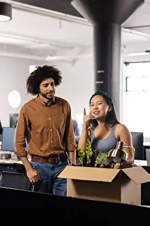 Coworkers Prints: Diverse colleagues discussing office move while unpacking box with desk lamp and plant