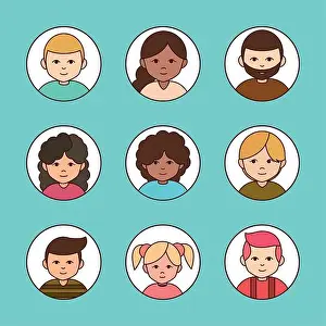 diverse group female and male cartoon, round line icons collection vector illustration
