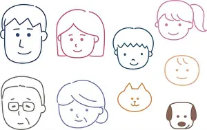 Manga Prints: Diverse icons of Asian happy family. Vector illustration isolated on white background