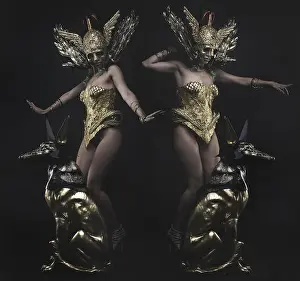 Toned Prints: Divine, Deity, beautiful woman with green hair in golden goddess armor. Fantasy warrior