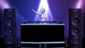 Cyberpunk Prints: DJ android, disc jockey robot holding microphone and playing music on turntables