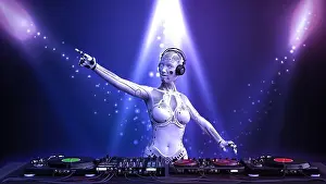 Cyberpunk Prints: DJ android, disc jockey robot pointing and playing music on turntables