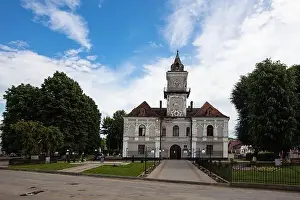 Oblast Prints: Dobromyl, Ukraine - July, 2021: Town Hall in Dobromyl, Ukraine