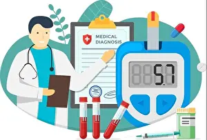Doctor with glucometer for measuring sugar level and diabetes medical diagnosis blank form. Diabetic blood glucose meter with pills and test tubes