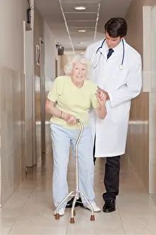 Orthopedic Prints: Doctor helping Patient use Walking Stick