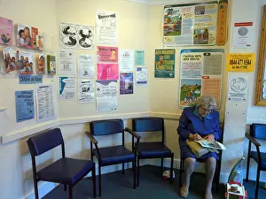 Waiting Room Prints: Doctors Surgery Waiting Room with Patient and Notices Cycling Safety Notice