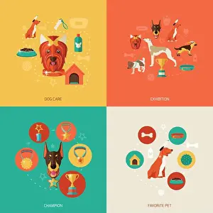 Favorite Prints: Dog icons flat set with dog care exhibition champion favorite pet isolated vector illustration