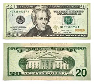 Wealth Prints: Twenty dollar bill isolated on white background, close up view of two sides