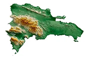 Dominican Prints: Dominican Republic. Detailed 3D rendering of a shaded relief map with rivers and lakes