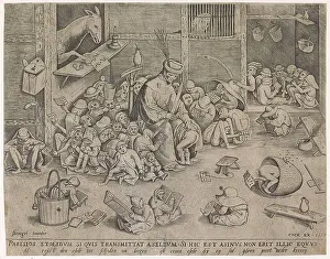 Donkey Prints: The donkey in school. School room with a master who gives a child a beating