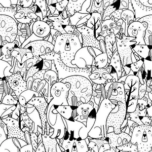 Raccoon Prints: Doodle forest animals black and white seamless pattern. Funny coloring page
