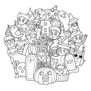 Zentangle Prints: Doodle Halloween characters coloring page