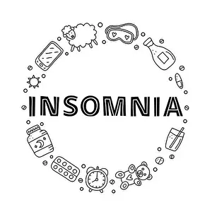 Asleep Prints: Doodle outline insomnia and bed time icons including pillow