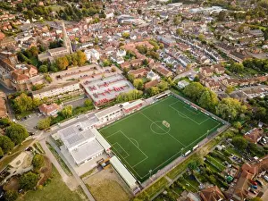 Dorking, Surrey, UK- Aerial view of Dorking Wanderers FC stadium
