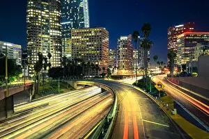 Freeway Prints: Downtown Los Angeles at night with car traffic light trails