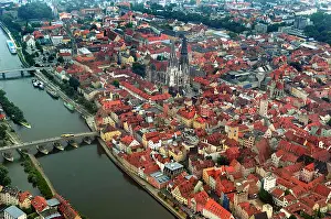 (dpa) - The aerial view shows the Old Town of Regensburg