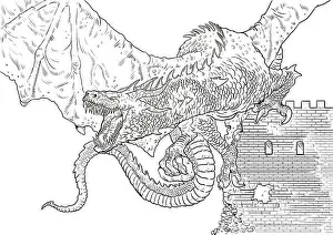 Coloring Pages Prints: Dragon coloring page. Outline illustration. Dragon drawing coloring sheet