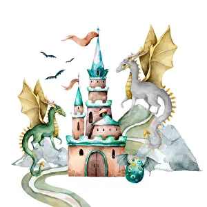 Fairy Prints: Dragons and castle watercolor illustration. Fairy tale print