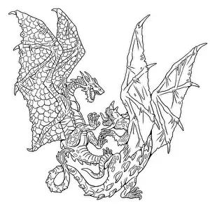 Coloring Pages Prints: Dragons fight coloring page. Fantasy illustration with mythical creature