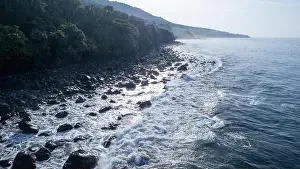 Crashing Waves Prints: Dramatic drone shot of a volcanic rocky beach in Flores