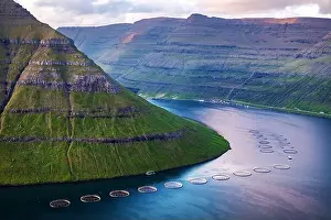 Kalsoy Prints: Dramatic morning view on fish farm on Kalsoy island near Klaksvik city