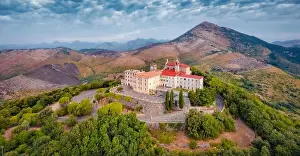 Majestic Mountain Prints: Dramatic summer view from flying drone of Sanctuary of the Madonna della Civita Catholic church