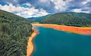 Water Forest Prints: Dramatic summer view from flying drone of Tereblia-Ristke Reservoir