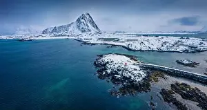 Nordland Prints: Dramatic winter view from flying drone of small fishing village - Hovsund