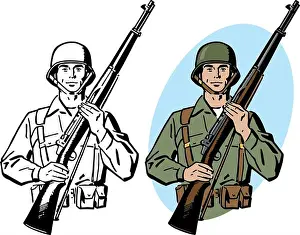 Brave Prints: A drawing of an American World War II era army soldier holding a rifle