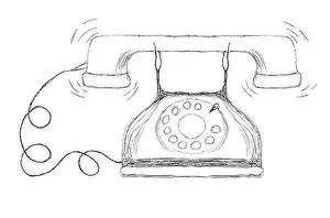 Drawing or illustration of and old style wired telephone with a dialing ring