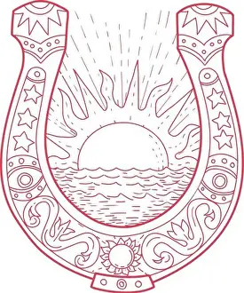 Scratched Prints: Drawing sketch style illustration of a Good Luck Horseshoe framing a rising Sun