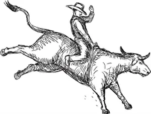 Scratched Prints: Drawing sketch style illustration of a rodeo cowboy riding a bucking bull on white background