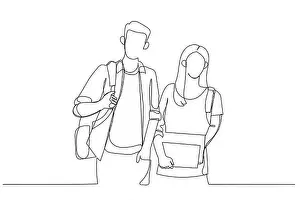 Drawing of two students on campus standing side to side looking straight ahead. Single continuous line art style