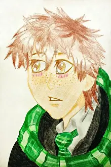 Drawing Art Prints: Drawing in the style of anime, boy drawing colored pencil