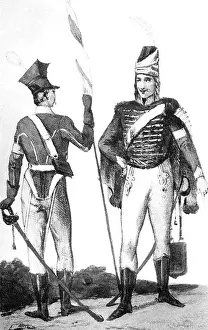 French Revolution Prints: The drawings shows two soldiers in the uniforms worn by French emigrants during the French Revolution (1780-1799)