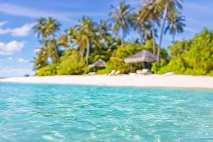 Dream beach landscape, tropical island paradise. Blue sky with clouds on sunny summer day. Perfect landscape background for relaxing vacation