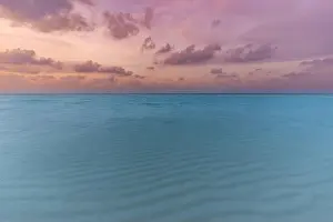 Dream sunset calm sea shore. Seaside of tropical beach landscape, exotic ocean horizon, relax inspirational, motivational nature scenic with colorful