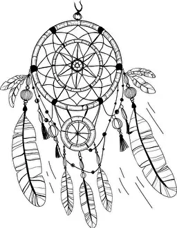 Hippie Prints: Dreamcatcher, feathers and beads. Coloring page