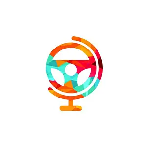 Steering Wheel Prints: Drive world vector logo design. Steering wheel and world symbol or icon
