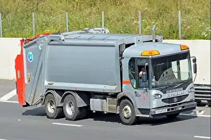 Highways Prints: Driver in clean unmarked grey Dennis hgv bin lorry truck for collection of household & business waste rubbish garbage