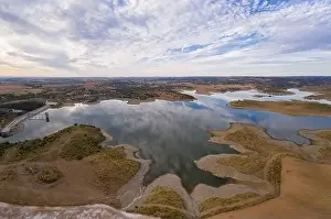Reflection Lake Prints: Drone aerial panorama of a dam lake reservoir landscape in Terena, Portugal
