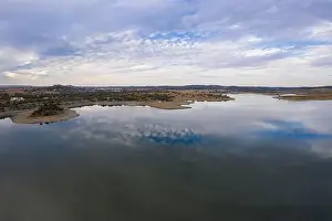 Reflection Lake Prints: Drone aerial panorama of a dam lake reservoir landscape in Terena, Portugal