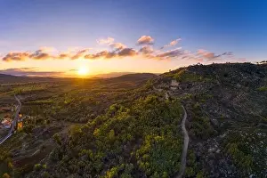 Sortelha Prints: Drone aerial panorama of Termas Radium Hotel Serra da Pena at sunset in Sortelha, Portugal