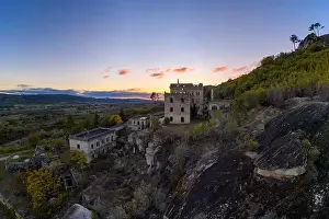 Sortelha Prints: Drone aerial panorama of Termas Radium Hotel Serra da Pena at sunset in Sortelha, Portugal