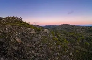 Sortelha Prints: Drone aerial panorama of Termas Radium Hotel Serra da Pena at sunset in Sortelha, Portugal