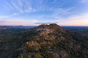 Monsanto Prints: Drone aerial panorama view of Monsanto historic village at sunset, in Portugal