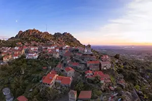 Monsanto Prints: Drone aerial panorama view of Monsanto historic village at sunset, in Portugal